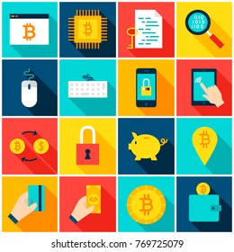 Bitcoin Cryptocurrency Colorful Icons. Vector Illustration. Set of Flat Rectangle Financial Items with Long Shadow.