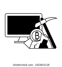Bitcoin cryptocurrency computer mining pick and coin symbols vector illustration graphic design