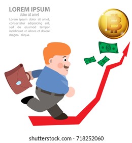 Bitcoin cryptocurrency concept. Businessman runing to goal. Vector illustration isolated on white background.