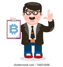Bitcoin cryptocurrency concept. Businessman with bitcoin symbol. Vector illustration isolated on white background for design of infographics, advertising posters and more.