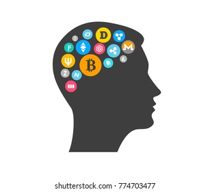 Bitcoin and Cryptocurrency concept design with man head silhouette
