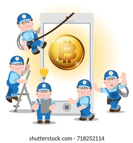 Bitcoin cryptocurrency concept. Electricians in uniform near a mobile phone. Vector illustration.