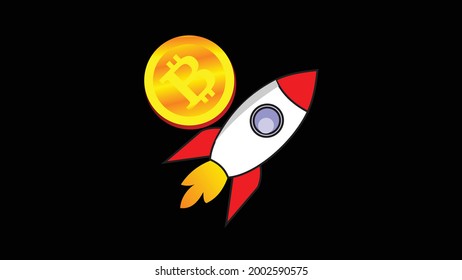 Bitcoin Cryptocurrency Concept. Flying rocket with bitcoin icon. Crypto market is up. New investments are selling well. Vector illustration.

