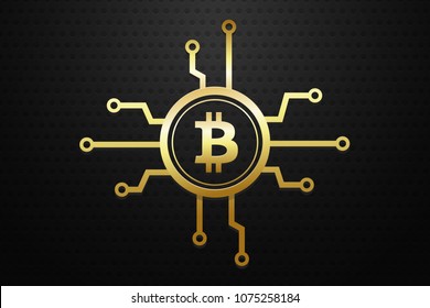 Bitcoin cryptocurrency concept with golden electronic circuits vector illustration