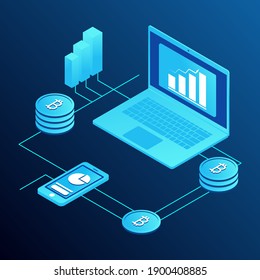 Concepto de criptodivisa de bitcoin. Mentaculas. Mercado digital de dinero, inversión, finanzas y comercio. Perfecto para diseño web, banner y presentación. Isometric vectorial ilustración con laptop.
