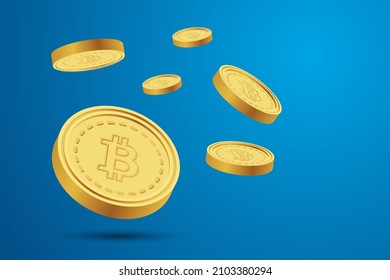 Bitcoin Cryptocurrency Concept On Blue Background. Blockchain Crypto Coin Digital Encryption, Digital Money Exchange. Isometric Vector Illustration.