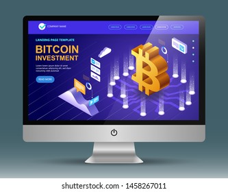 Bitcoin cryptocurrency concept on computer screen, Isometric vector concept banner, Marketing and finance vector isometric concept, Vector illustration