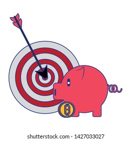 Bitcoin cryptocurrency dartboard target and piggy with coin symbols vector illustration graphic design