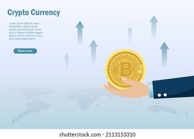 Bitcoin, cryptocurrency,  decentralized finance concept. Businessman hand holding bitcoin with growth graph on world map background.