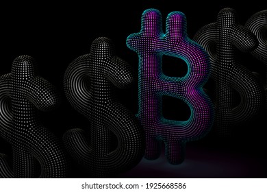 Bitcoin cryptocurrency digital 3D logo in a row with US Dollar signs on gray background. Concept of successful crypto investing and stock exchange trading. Vector illustration, EPS 10.