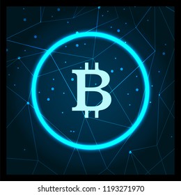 Bitcoin cryptocurrency digital art icon vector. Blockchain technology mining and getting profit benefit from virtual money. Finance and banking online