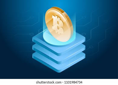 Bitcoin cryptocurrency. Digital or electronic money. Blockchain technology and mining process. Isometric vector illustration in ultraviolet colors.
