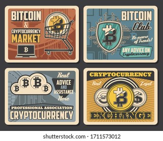 Bitcoin cryptocurrency and digital money market, vector vintage posters. Bitcoin mining traders club, cryptocurrency transactions and exchange platform, e-commerce business assistance