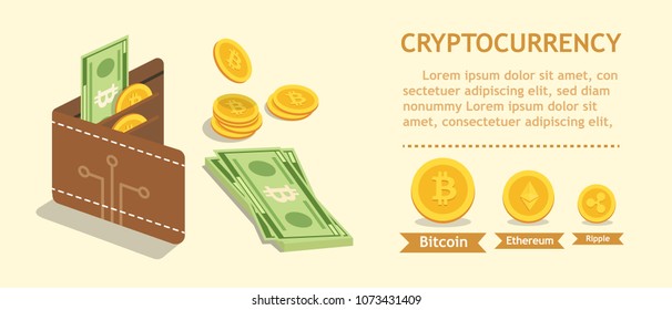 Bitcoin. Cryptocurrency. Digital Wallet And Finance Concept. Wallet, Bank Note And Coins. Flat Design Vector Graphic, Infographic Element.