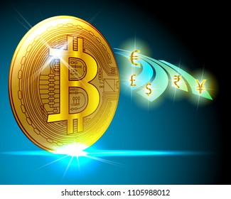 Bitcoin cryptocurrency to Dollar,Euro,Indian Rupee,British Pound,Chinese Yuan,Japanese Yen currency business model exchange concepts. Vector illustration 