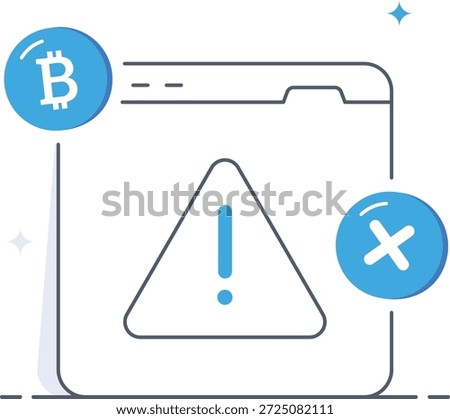 Bitcoin cryptocurrency error alert shown on a blue and white web browser window with warning and cross signs in an isometric flat vector illustration.