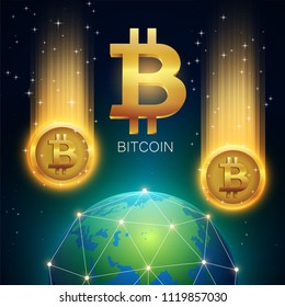 Bitcoin cryptocurrency falling to the world globe network, digital money concept, vector illustration.