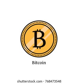 Bitcoin cryptocurrency flat color line icon. Vector illustration of gold currency bit coin on isolated background. Vitrtual or digital money symbol, sign, image, emblem, logo, element.