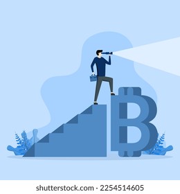 Bitcoin and cryptocurrency Future viewing concept, investment opportunity or alternative financial asset concept, businessman climbing ladder above Bitcoin using binoculars to see opportunity.