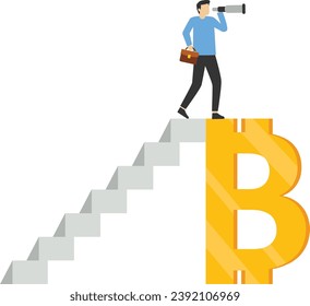 Bitcoin and cryptocurrency Future viewing concept, investment opportunity or alternative financial asset concept, businessman climbing ladder above Bitcoin using binoculars to see opportunity.

