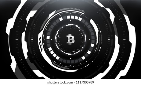 Bitcoin Cryptocurrency Futuristic Sci-Fi Technology Circular HUD Background Illustration. Worldwide Digital Money Blockchain System