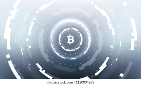 Bitcoin Cryptocurrency Futuristic Sci-Fi Technology Circular HUD Background Illustration. Worldwide Digital Money Blockchain System