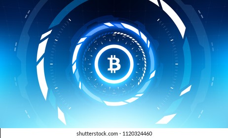 Bitcoin Cryptocurrency Futuristic Sci-Fi Technology Circular HUD Background Illustration. Worldwide Digital Money Blockchain System