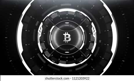 Bitcoin Cryptocurrency Futuristic Sci-Fi Technology Circular HUD Background Illustration. Worldwide Digital Money Blockchain System