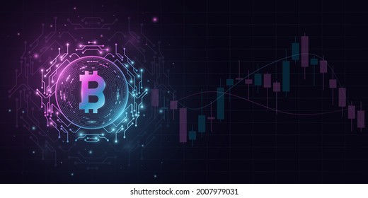 Bitcoin cryptocurrency in a futuristic style with candlestick price pattern background. Digital coin BTC for banner, website or presentation. Blockchain for graphic design. Vector illustration