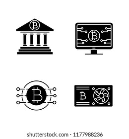 Bitcoin cryptocurrency glyph icons set. Online banking, bitcoin official web page, graphic card, CPU mining. Silhouette symbols. Vector isolated illustration