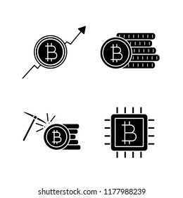 Bitcoin cryptocurrency glyph icons set. Market growth chart, bitcoin coins stack, mining, microchip. Silhouette symbols. Vector isolated illustration