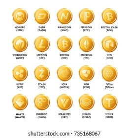 Bitcoin cryptocurrency golden coins icons. Vector isolated symbo