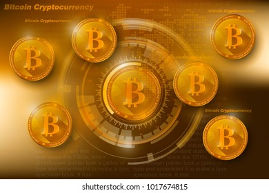 Bitcoin Cryptocurrency, golden bitcoin, digital currency and world globe hologram, futuristic digital money and technology worldwide network concept, vector illustration