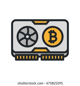 Bitcoin Cryptocurrency Graphic Mining Video Card Minimal Color Flat Line Outline Stroke Icon Pictogram Symbol