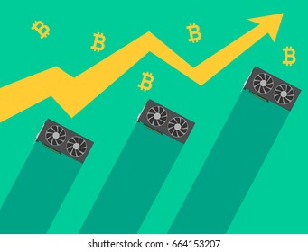 Bitcoin cryptocurrency growing trend and VGA, or graphics cards, used for mining