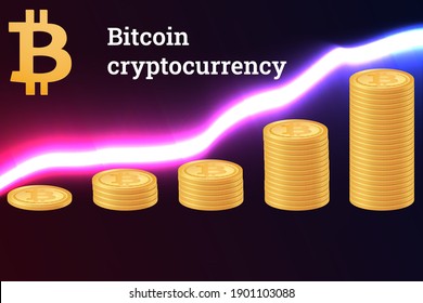 criptodivisa de bitcoin con gráfico de crecimiento. Comercio digital de divisas. Estilo realista. Ilustración vectorial de material sobre el fondo de la rejilla oscura.
