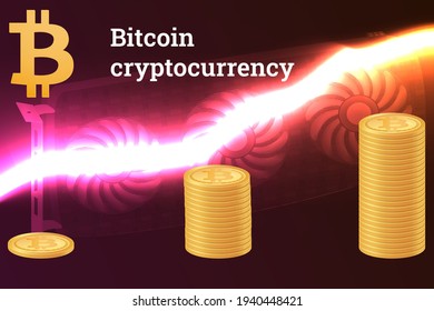 Bitcoin cryptocurrency with growth up graph. Digital currency trade. Realistic style. Bitcoin mining on a farm from video cards. Stock vector illustration on dark grid background.