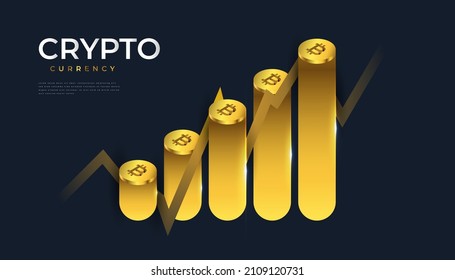 Ilustración de crecimiento de criptodivisa de Bitcoin con gráfico aislado en fondo azul. Fondo de moneda virtual. Ilustración de vectores de dinero digital