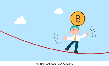 Bitcoin and cryptocurrency high volatility, risk management for fluctuation of digital financial asset concept. Businessman acrobat trying to maintain bitcoin on his head.