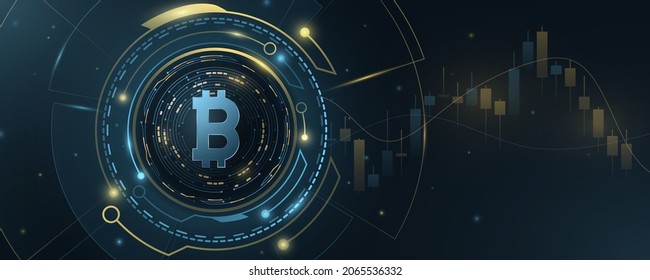 Bitcoin cryptocurrency with HUD. Candlestick pattern. Digital coin BTC for business banner, website or presentation. Futuristic technology concept. Blockchain for graphic design. Vector illustration