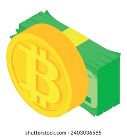 Bitcoin cryptocurrency icon isometric vector. Bitcoin coin and dollar bill stack. Digital money, cryptocurrency concept