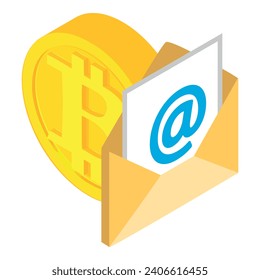 Bitcoin Kryptowährung Symbol isometrische Vektorgrafik. Goldene Bitcoin-Münze und E-Mail-Symbol. Digitales Geld, Kryptowährungskonzept