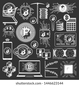 Bitcoin cryptocurrency icons of digital money and blockchain financial technology vector design. Crypto currency coin mining, digital wallet and exchange payment calculator, virtual bank card, pickaxe