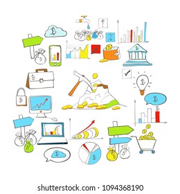 Bitcoin and Cryptocurrency Icons. Mining, coin, pickaxe, gold, money, spinner, video card, phone, laptop, exchange. Set Vector Bitcoin and Cryptocurrency Icons. Mining, coin, pickaxe, gold, money, spi