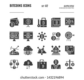 Bitcoin and cryptocurrency icons set 2, digital currency, online banking, blockchain security and more concept, Glyph icons Design. vector