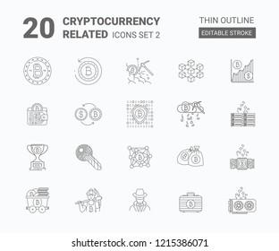 Bitcoin cryptocurrency icons set in modern line style, with editable stroke. Contains such icons as bitcoin miner, CPU mining, digital key, bitcoins wallet, anonymity and much more.