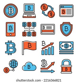 Iconos de criptomoneda de Bitcoin configurados en fondo blanco. Ilustración del vector