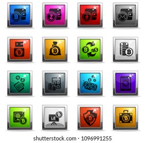 Bitcoin and cryptocurrency icons in square colored buttons