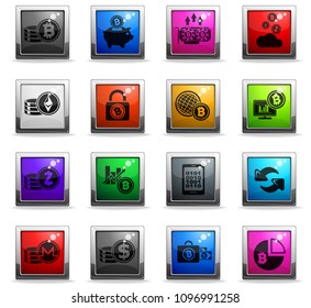Bitcoin and cryptocurrency icons in square colored buttons
