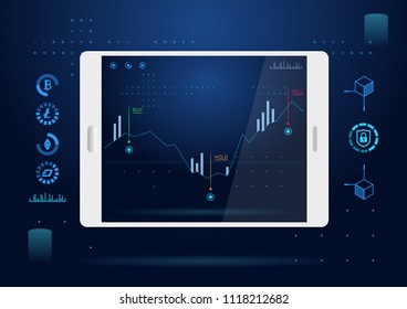 Bitcoin. Cryptocurrency index rating on tablet